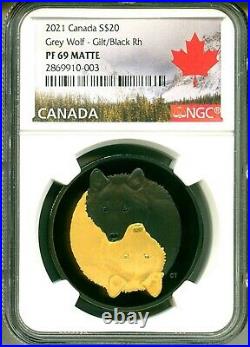 2021 Canada S$20 Gilt Grey Wolf Black & Gold Rhodium NGC PF69 Matte Box COA OGP