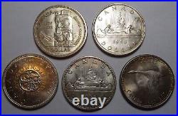 5 Canada $1 silver Coins, Canadian dollar coin. 1958, 1960, 1964, 1966, 1967