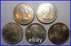 5 Canada $1 silver Coins, Canadian dollar coin. 1958, 1960, 1964, 1966, 1967