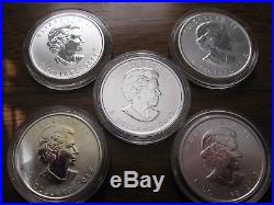 (5) Canada Wildlife Series 1oz. 9999 Silver Coins 2011, (2)12, & (2)13