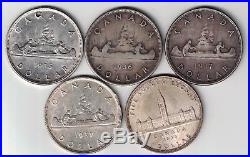 5 X Canada Silver Dollars King George. 800 Silver Coins 1935 1936 1937 1937 1939