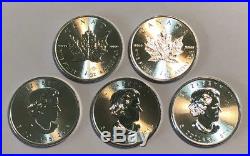 A Lot of 5 2016 1 oz Canadian Silver Maple Leaf $5 Coins. 9999 Fine BU
