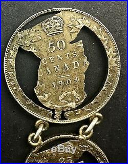 Canada 1904 50 Cents Cut out Coin Watch fob 3 Pce Intricate Silver Edward VII