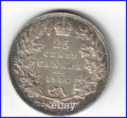 Canada 1905 25 Cents Quarter King Edward VII Canadian Sterling Silver Coin