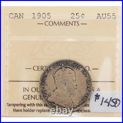 Canada 1905 25 Cents Quarter Silver Coin ICCS AU-55