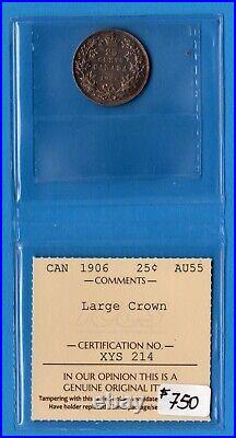 Canada 1906 Large Crown 25 Cents Silver Coin ICCS AU-55