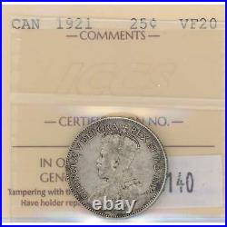 Canada 1921 25 Cents Quarter Silver Coin ICCS VF-20