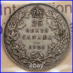 Canada 1921 25 Cents Quarter Silver Coin ICCS VF-20