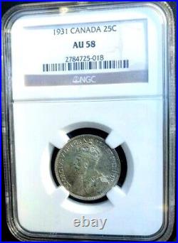 Canada, 1931, 25 Cent, Great Silver coin, NGC AU-58, Undergraded Key year coin