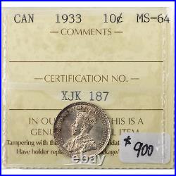 Canada 1933 10 Ten Cents Silver Coin ICCS MS-64