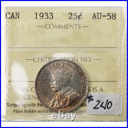 Canada 1933 25 Cents Quarter Silver Coin ICCS AU-58