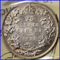 Canada 1933 25 Cents Quarter Silver Coin ICCS AU-58