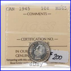 Canada 1945 10 Ten Cents Silver Coin ICCS MS-65