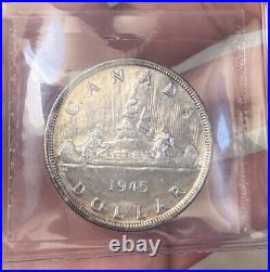 Canada 1945 Uncirculated MS-60 Silver Dollar Coin ICCS Rose Purple