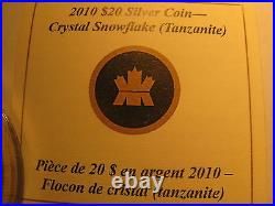 Canada 2010 $20 Fine Silver Coin Crystal Snowflake Tanzanite Rare RCM Pack
