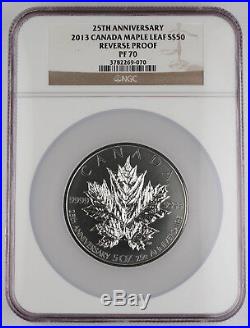 Canada 2013 5 Oz Silver Maple Leaf 25th Anniversary Reverse Proof Coin NGC PF70