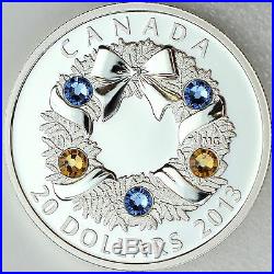 Canada 2013 Holiday Wreath 1 oz Pure Silver $20 Proof Coin, 5 Swarovski Crystals