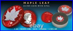Canada 2019 5$ Maple Leaf Space Red with Real Opal Stone 1 Oz Silver Coin