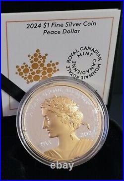 Canada 2024 PAX Peace Dollar $1 Yellow Gold Plated Pure Silver UHR Proof Coin