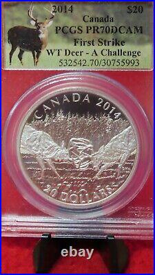 Canada 20 Dollars Silver Coin, 2014 PCGS PR70 White Tailed Deer A Challenge