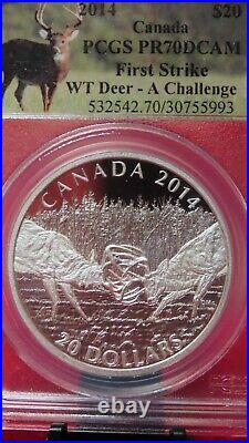Canada 20 Dollars Silver Coin, 2014 PCGS PR70 White Tailed Deer A Challenge