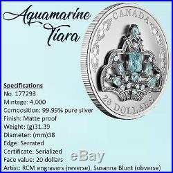 Canada $20 Pure Silver Coin, Brazilian Aquamarine Tiara, Swarovski UNC 2020
