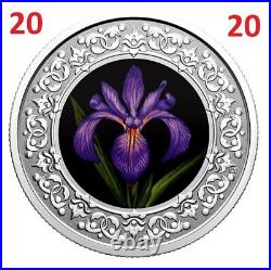 Canada $3 Pure Silver Coloured Coin, Blue Iris Floral Quebec emblem, 2020