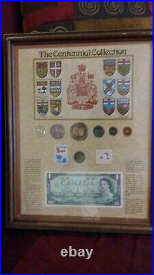 Canada framed Centennial silver Coin banknote stamp collection