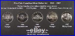 Canadian Silver Dollar 5 Coin Set, BU In Beautiful Wood Display Frame