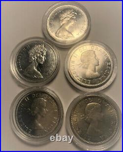 Canadian Silver Dollar Lot Of 5 Circulated Queen Elizabeth Coins 1960-1966