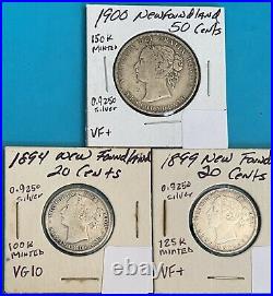 Foreign Silver Coins -1900 -50 Cents & 1894,1899-20 Cents -Newfoundland-VG-VF+