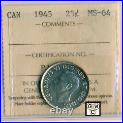 ICCS Canada 1945 25ct Coin MS-64 Certificate No- PJ 920 LHM