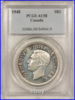 Key-date 1948 Canada Silver Dollar, Pcgs Au-58, Pl, Fresh & Looks Choice Bu