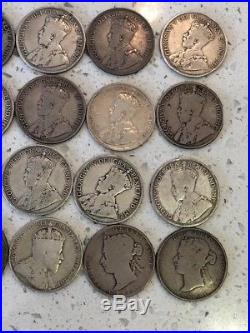 Lot of 24 50 Cents Canada King George Silver 50 Cent Pieces Coins 1881 to 1934