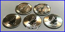 Lot of FIVE 2015 3/4 oz. 9999 Fine Silver $2 Canadian Silver Grey Wolf Coins BU