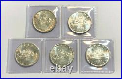 Lot of FIVE 80% Silver Canadian Silver Dollars, 0.600 ASW each coin, 3.0oz ASW