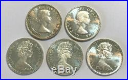 Lot of FIVE 80% Silver Canadian Silver Dollars, 0.600 ASW each coin, 3.0oz ASW