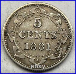 Newfoundland 1881 5 Cents Silver Coin Very Fine / Extra Fine