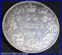 Obverse 2,1888 Canada 50 Cents Silver. Queen Victoria Glorious Coin