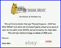Physical Dogecoin Doge. 999 Silver Coin Round 1 oz Shibe Mint Bitcoin 2021 COA