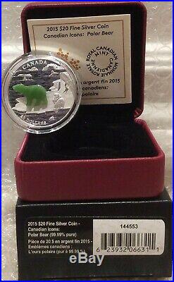 Polar Bear Jade $20 2015 1OZ Pure Silver Proof Coin Canadian Icons l'Ours