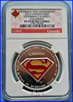 SUPERMAN S-SHIELD 2013 SILVER COIN 75th ANNV CANADA $20 COLORIZED PF70 UC withBOX